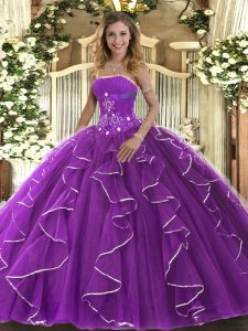 Tulle Strapless Sleeveless Lace Up Beading and Ruffles Quinceanera Gown in Purple