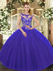 Hot Sale Royal Blue Cap Sleeves Tulle Lace Up Vestidos de Quinceanera for Sweet 16 and Quinceanera