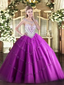 Simple Fuchsia Zipper Scoop Beading and Appliques 15 Quinceanera Dress Tulle Sleeveless