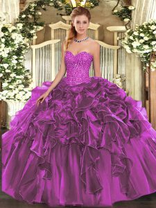 Floor Length Lace Up Quinceanera Dress Purple for Military Ball and Sweet 16 and Quinceanera with Beading and Ruffles