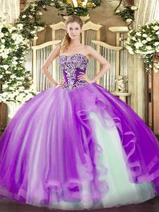 Floor Length Lavender Sweet 16 Quinceanera Dress Tulle Sleeveless Beading and Ruffles