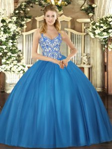 Blue Tulle Lace Up Sweet 16 Quinceanera Dress Sleeveless Floor Length Beading and Appliques