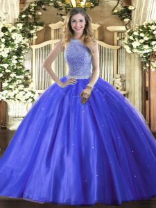 Traditional Blue Sleeveless Floor Length Beading Lace Up 15th Birthday Dress