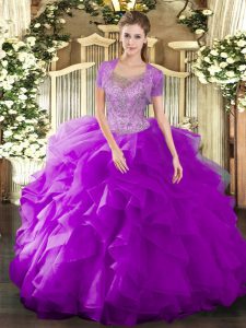 Scoop Sleeveless Tulle Quinceanera Gown Beading and Ruffled Layers Clasp Handle