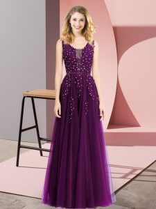 Beading and Appliques Homecoming Dress Dark Purple Backless Sleeveless Floor Length