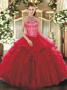 Ball Gowns 15 Quinceanera Dress Coral Red Halter Top Organza Sleeveless Floor Length Lace Up