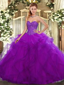 Purple Sweetheart Lace Up Beading and Ruffles 15 Quinceanera Dress Sleeveless
