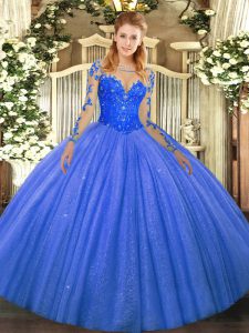 Sumptuous Floor Length Ball Gowns Long Sleeves Blue Quinceanera Gown Lace Up