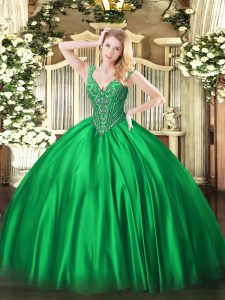 Green Lace Up V-neck Beading Quinceanera Gown Satin Sleeveless