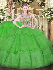 Attractive Green Tulle Lace Up Scoop Sleeveless Floor Length Ball Gown Prom Dress Beading and Ruffled Layers
