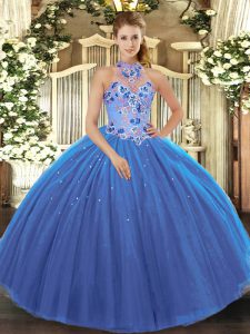 Floor Length Blue Quinceanera Gowns Halter Top Sleeveless Lace Up