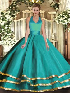 Traditional Ball Gowns 15 Quinceanera Dress Turquoise Halter Top Tulle Sleeveless Floor Length Lace Up