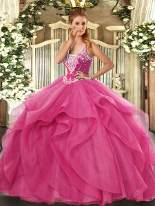 Hot Pink Tulle Lace Up Straps Sleeveless Floor Length Quince Ball Gowns Beading and Ruffles