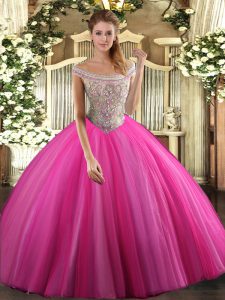 Hot Pink Lace Up Quinceanera Gown Beading Sleeveless Floor Length