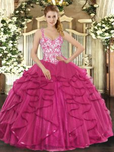 Hot Pink Ball Gowns Beading and Appliques and Ruffles Quinceanera Dresses Lace Up Tulle Sleeveless Floor Length