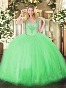 Sweet Apple Green Tulle Lace Up V-neck Sleeveless Floor Length Sweet 16 Quinceanera Dress Beading