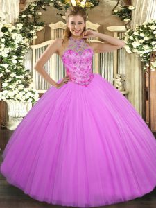 New Arrival Lilac Quinceanera Gowns Military Ball and Sweet 16 and Quinceanera with Beading Halter Top Sleeveless Lace Up