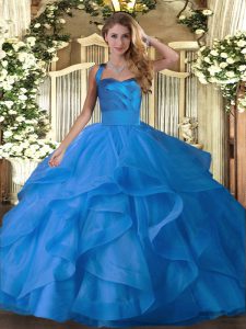 Fantastic Blue Halter Top Lace Up Ruffles Ball Gown Prom Dress Sleeveless