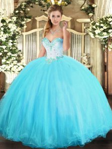 Luxurious Sleeveless Floor Length Beading Lace Up Sweet 16 Dress with Aqua Blue