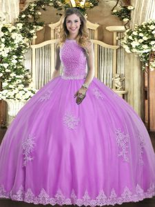 Deluxe Lilac High-neck Neckline Beading and Appliques Ball Gown Prom Dress Sleeveless Lace Up