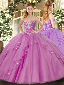 Lilac Sweetheart Lace Up Beading and Ruffles Sweet 16 Dress Sleeveless