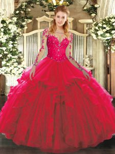 Unique Floor Length Lace Up Quinceanera Dress Red for Military Ball and Sweet 16 and Quinceanera with Lace and Ruffles