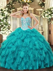 Sleeveless Floor Length Beading and Ruffles Lace Up Quinceanera Gown with Teal