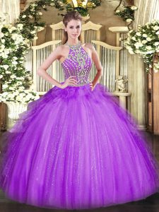 Flirting Sleeveless Lace Up Floor Length Beading and Ruffles 15th Birthday Dress