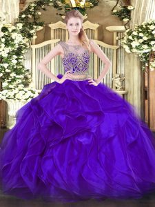 Two Pieces 15th Birthday Dress Purple Scoop Organza Sleeveless Floor Length Lace Up