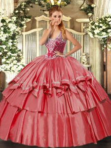 Lovely Coral Red Vestidos de Quinceanera Military Ball and Sweet 16 and Quinceanera with Beading and Ruffled Layers Straps Sleeveless Lace Up