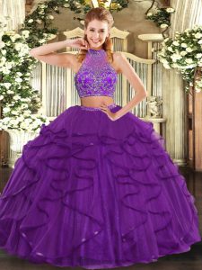 Beauteous Purple Sleeveless Tulle Criss Cross 15 Quinceanera Dress for Military Ball and Sweet 16 and Quinceanera