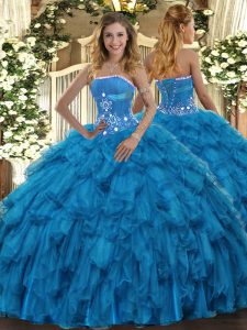 Baby Blue Organza Lace Up Quinceanera Dress Sleeveless Floor Length Beading and Ruffles