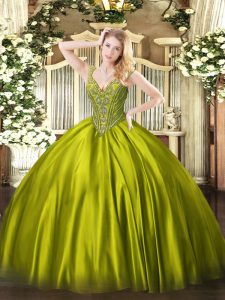 V-neck Sleeveless Lace Up Quinceanera Dresses Olive Green Satin