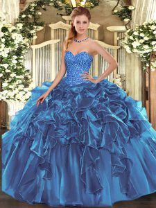 Blue Sweetheart Neckline Beading and Ruffles Quince Ball Gowns Sleeveless Lace Up