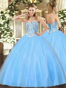 Aqua Blue Ball Gowns Beading 15 Quinceanera Dress Lace Up Tulle Sleeveless Floor Length