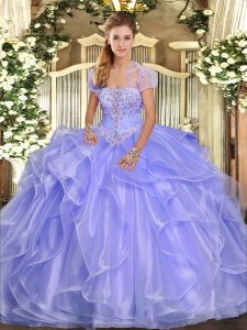 Elegant Lavender Strapless Neckline Appliques and Ruffles Sweet 16 Dress Sleeveless Lace Up