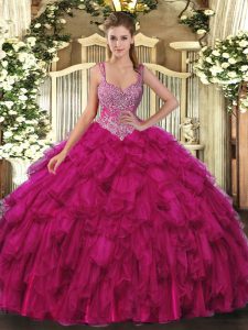 Straps Sleeveless Organza Sweet 16 Quinceanera Dress Beading and Ruffles Lace Up