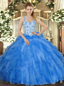 Stylish Beading and Ruffles Quinceanera Gown Blue Lace Up Sleeveless Floor Length