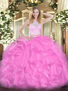 Floor Length Zipper Sweet 16 Dress Rose Pink for Military Ball and Sweet 16 and Quinceanera with Lace and Ruffles
