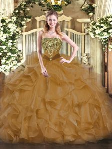 Brown Sleeveless Beading and Ruffles Floor Length 15th Birthday Dress
