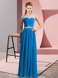 Blue Scoop Neckline Beading Prom Gown Sleeveless Clasp Handle
