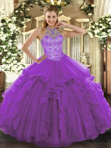 Halter Top Sleeveless Lace Up Quinceanera Dress Purple Organza