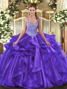 Stylish Purple Organza Lace Up Quince Ball Gowns Sleeveless Floor Length Beading and Ruffles