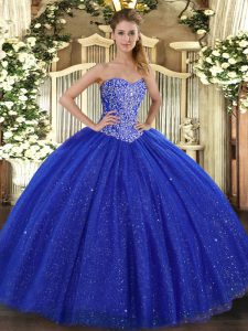 Sumptuous Sweetheart Sleeveless Quinceanera Dress Floor Length Beading Royal Blue Tulle