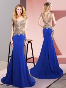 Royal Blue Scoop Neckline Beading Prom Party Dress Sleeveless Side Zipper