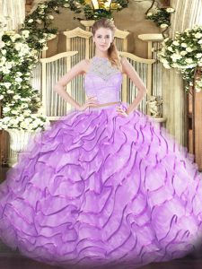 Hot Sale Lilac Tulle Zipper Scoop Sleeveless Quinceanera Gown Brush Train Lace and Ruffles