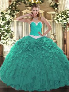 Turquoise Sleeveless Appliques and Ruffles Floor Length 15th Birthday Dress