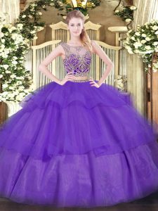 Sumptuous Purple Two Pieces Scoop Sleeveless Tulle Floor Length Lace Up Beading and Ruffled Layers Quince Ball Gowns
