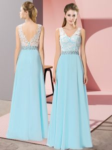 Aqua Blue Prom Evening Gown Prom and Party with Beading V-neck Sleeveless Backless