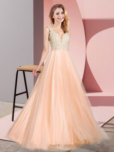 Simple Peach Tulle Zipper V-neck Sleeveless Floor Length Prom Dress Lace